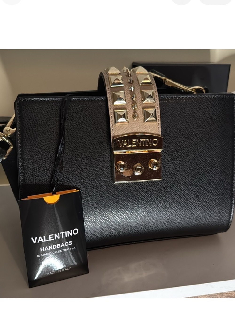 Mario Valentino Black and Gold Crossbody Bag with Studded Clasp NWT